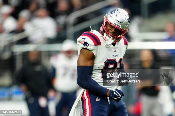 Jonnu Smith of the New England Patriots reacts during the first half against the Las Vegas Raiders at Allegiant Stadium on December 18, 2022 in Las...