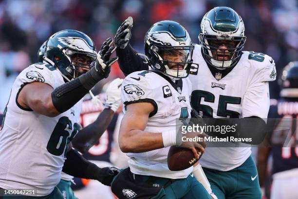 Jalen Hurts of the Philadelphia Eagles celebrates a two point conversation during the fourth quarter in the game against the Chicago Bears at Soldier...
