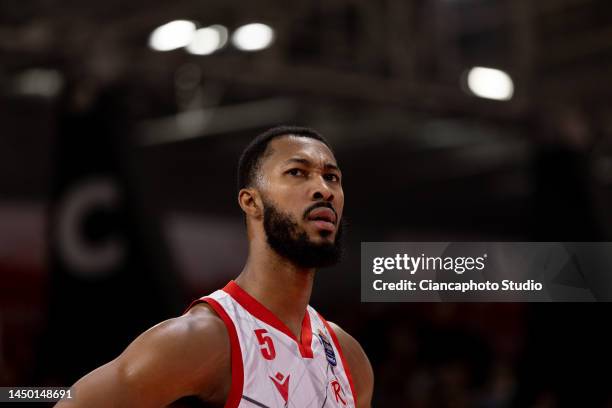 Mikael Hopkins of UNAHOTELS Reggio Emilia looks on during the LBA Lega Basket A match between UNAHOTELS Reggio Emilia and Umana Reyer Venezia at...