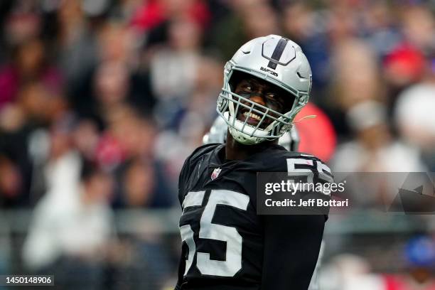 Chandler Jones of the Las Vegas Raiders reacts during the first half against the New England Patriots at Allegiant Stadium on December 18, 2022 in...