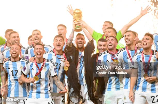 Lionel Messi of Argentina lifts the FIFA World Cup Qatar 2022 Winner's Trophy during the FIFA World Cup Qatar 2022 Final match between Argentina and...