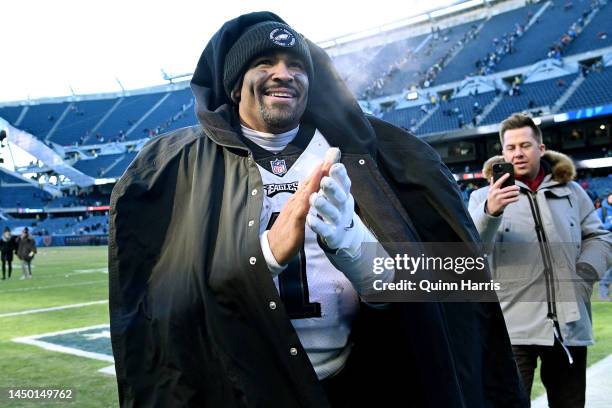 Jalen Hurts of the Philadelphia Eagles on the field after the win over the Chicago Bears at Soldier Field on December 18, 2022 in Chicago, Illinois.