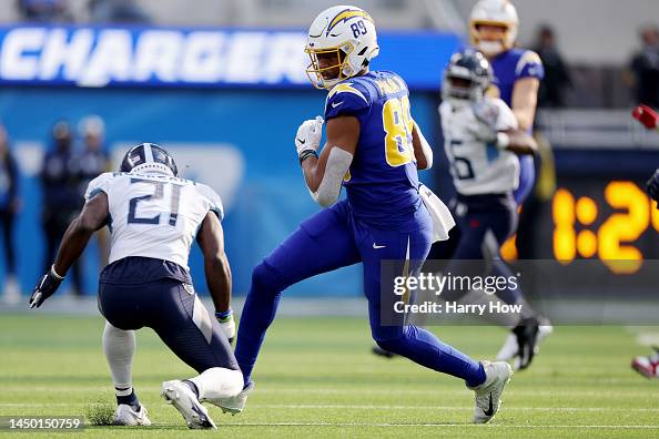 Parham Donald Parham Jr. #89 of the Los Angeles Chargers runs after the ball ...