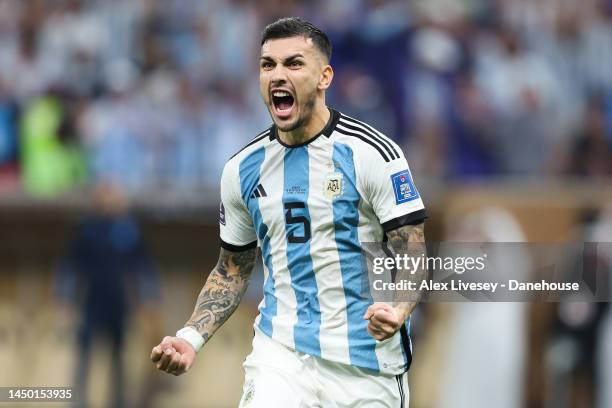 Leandro Paredes of Argentina celebrates after scoring a penalty during the shootout during the FIFA World Cup Qatar 2022 Final match between...