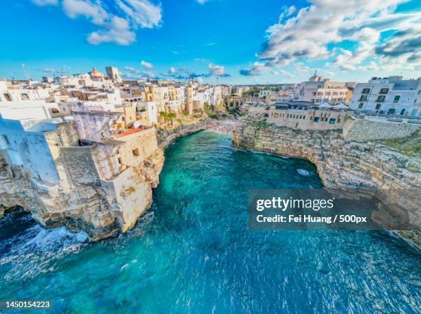 aerial view of polignano a mare italy,polignano a mare,metropolitan city of bari,italy - bari stock pictures, royalty-free photos & images