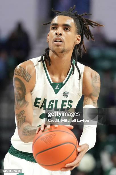 Emoni Bates of the Eastern Michigan Eagles takes a foul shot in the first half during a college basketball game against the Detroit Mercy Titans at...