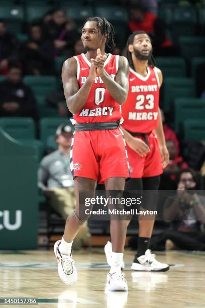 Antoine Davis of the Detroit Mercy Titans celebrates a shot in the second half during a college basketball game against the Eastern Michigan Eagles...