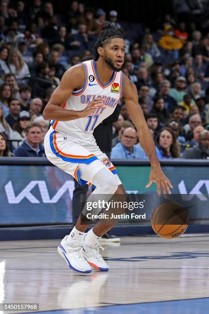 Isaiah Joe of the Oklahoma City Thunder handles the ball during the game against the Memphis Grizzlies at FedExForum on December 07, 2022 in Memphis,...