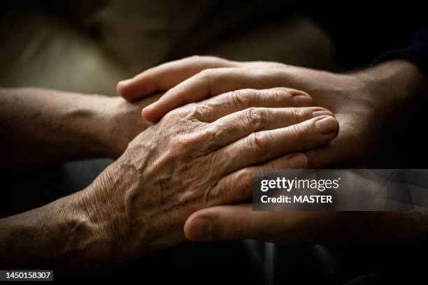 young holding elderly hands for care and love - uk hospital stock pictures, royalty-free photos & images