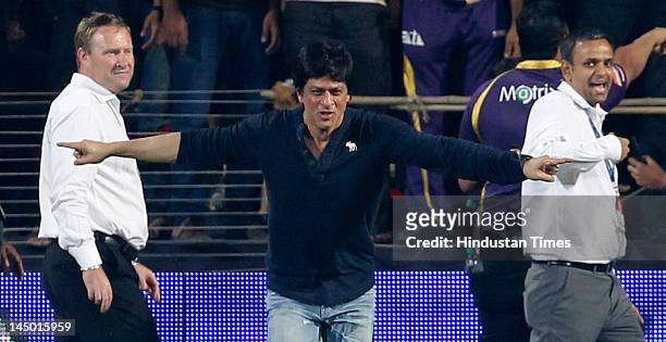 Kolkata Knight Riders co-owner Shah Rukh Khan celebrate his teams victory against Delhi Daredevils during the first qualifier of IPL 5 on May 22,...