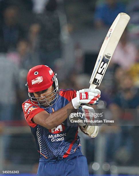 Delhi Daredevils batsman Mahela Jayawardene plays a shot against Kolkata Knight Riders during the first qualifier on May 22, 2012 in Pune, India....