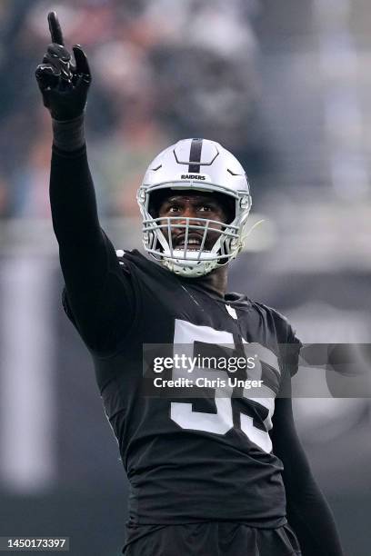 Chandler Jones of the Las Vegas Raiders reacts during the third quarter against the New England Patriots at Allegiant Stadium on December 18, 2022 in...