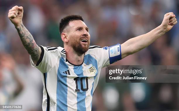 Lionel Messi of Argentina celebrates scoring their team's third goal past Hugo Lloris of France during the FIFA World Cup Qatar 2022 Final match...