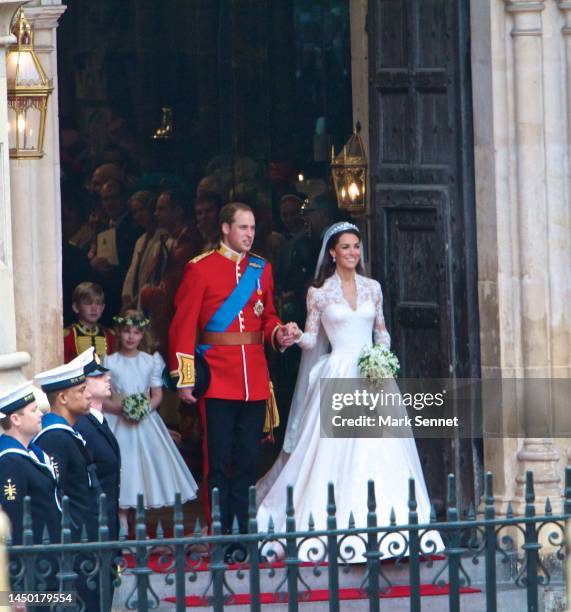 Prince William and Princess Catherine of Wales leave Westminster Abbey after their wedding ceremony on April 29, 2011 in London, United Kingdom.