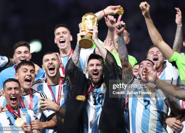 Lionel Messi of Argentina lifts the FIFA World Cup Qatar 2022 Winner's Trophy during the FIFA World Cup Qatar 2022 Final match between Argentina and...