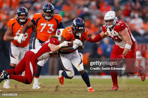 Marlon Mack of the Denver Broncos runs with the ball during the third quarter in the game against the Arizona Cardinals at Empower Field At Mile High...