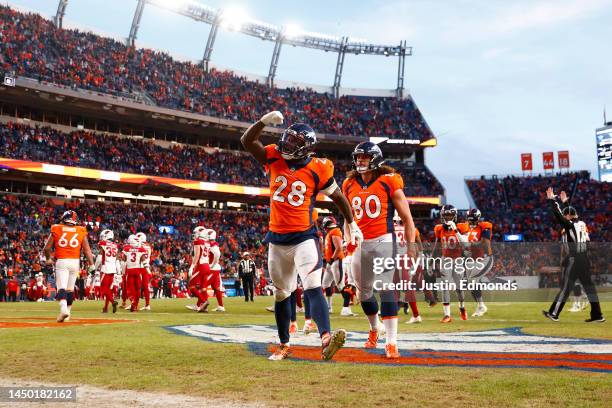 Latavius Murray of the Denver Broncos celebrates a touchdown during the fourth quarter in the game against the Arizona Cardinals at Empower Field At...