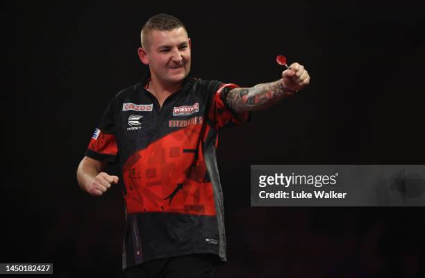 Nathan Aspinall of England celebrates the win during his Second Round match against Boris Krčmar of Croatia during Day Four of The Cazoo World Darts...