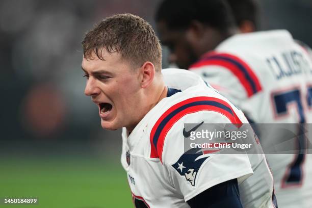 Mac Jones of the New England Patriots reacts during the fourth quarter against the Las Vegas Raiders at Allegiant Stadium on December 18, 2022 in Las...