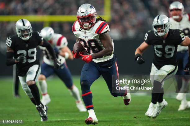 Rhamondre Stevenson of the New England Patriots rushes for a touchdown during the fourth quarter against the Las Vegas Raiders at Allegiant Stadium...