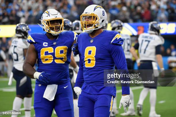 Kyle Van Noy of the Los Angeles Chargers celebrates a sack with Sebastian Joseph-Day in the fourth quarter of the game against the Tennessee Titans...