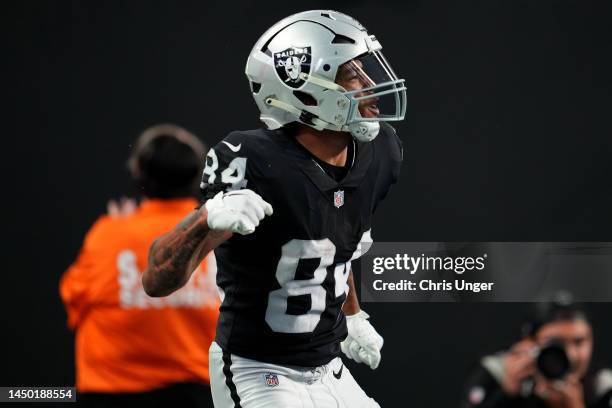 Keelan Cole of the Las Vegas Raiders celebrates after catching a touchdown pass against the New England Patriots during the fourth quarter of the...