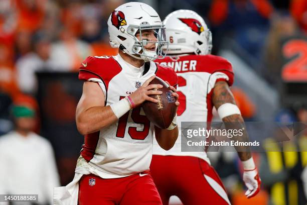 Trace McSorley of the Arizona Cardinals looks to pass during the fourth quarter in the game against the Denver Broncos at Empower Field At Mile High...