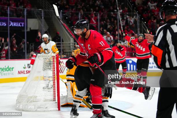 Jordan Staal of the Carolina Hurricanes celebrates after scoring a goal during the third period against the Pittsburgh Penguins at PNC Arena on...