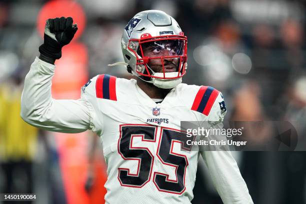 Josh Uche of the New England Patriots reacts during the second half against the Las Vegas Raiders at Allegiant Stadium on December 18, 2022 in Las...