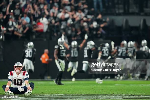 Mac Jones of the New England Patriots reacts after losing to the Las Vegas Raiders at Allegiant Stadium on December 18, 2022 in Las Vegas, Nevada.