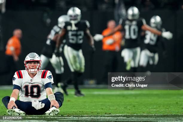 Mac Jones of the New England Patriots looks on after losing to the Las Vegas Raiders at Allegiant Stadium on December 18, 2022 in Las Vegas, Nevada.