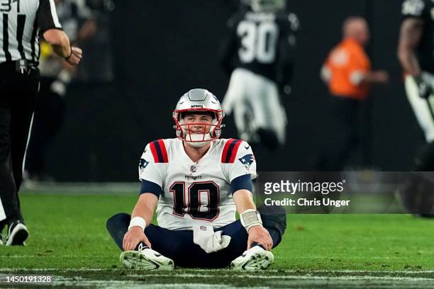 Mac Jones of the New England Patriots looks on after losing to the Las Vegas Raiders at Allegiant Stadium on December 18, 2022 in Las Vegas, Nevada.