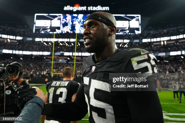 Chandler Jones of the Las Vegas Raiders celebrates on the field after defeating the New England Patriots at Allegiant Stadium on December 18, 2022 in...