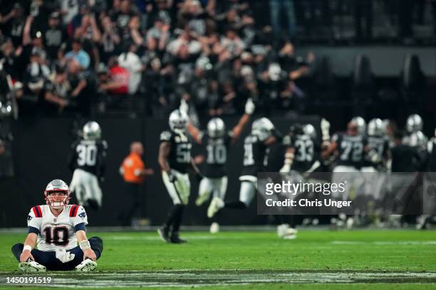 Mac Jones of the New England Patriots reacts after losing to the Las Vegas Raiders at Allegiant Stadium on December 18, 2022 in Las Vegas, Nevada.