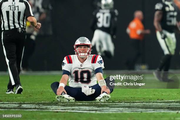 Mac Jones of the New England Patriots reacts after losing to the Las Vegas Raiders at Allegiant Stadium on December 18, 2022 in Las Vegas, Nevada.