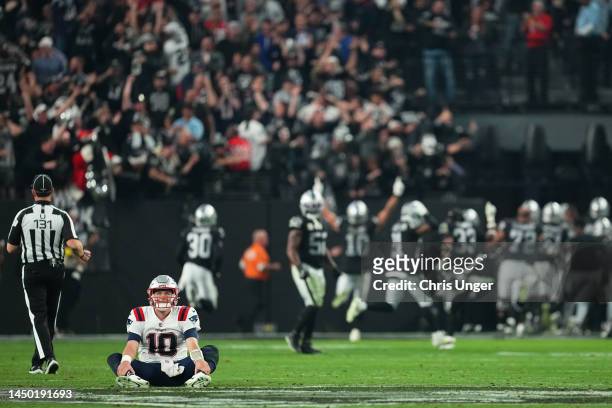 Mac Jones of the New England Patriots looks on after losing to the Las Vegas Raiders at Allegiant Stadium on December 18, 2022 in Las Vegas, Nevada.