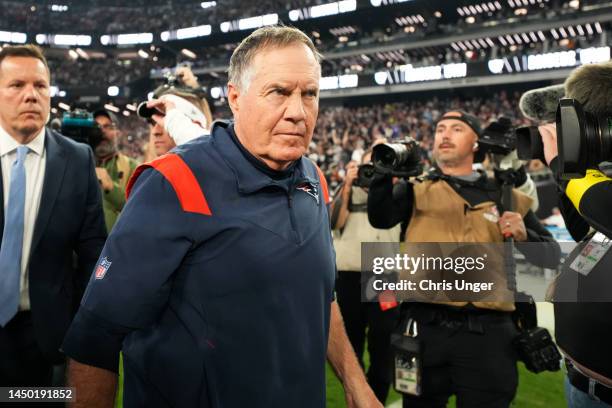 Head coach Bill Belichick of the New England Patriots reacts after a game against the Las Vegas Raiders at Allegiant Stadium on December 18, 2022 in...