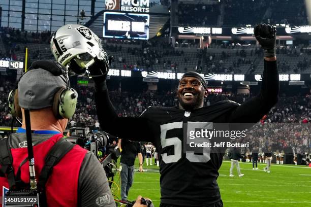 Chandler Jones of the Las Vegas Raiders celebrates after a game against the New England Patriots at Allegiant Stadium on December 18, 2022 in Las...
