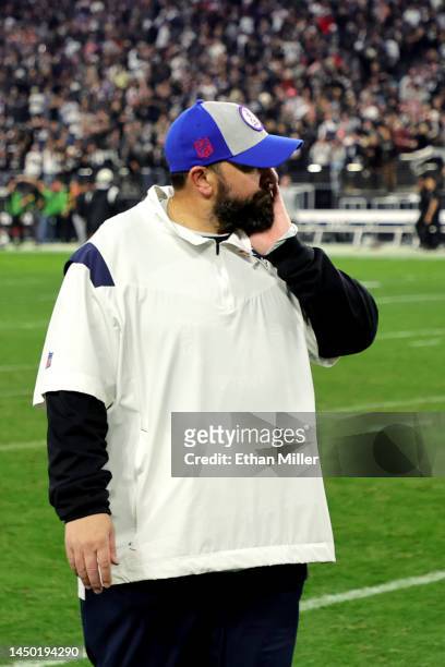 Senior football advisor and offensive line coach Matt Patricia of the New England Patriots walks off the field after losing to the Las Vegas Raiders...