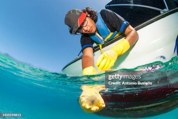 marine biologist taking samples of water from a boat for water quality test - water testing stock pictures, royalty-free photos & images