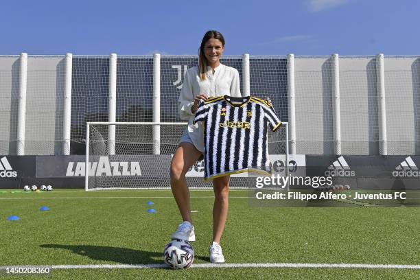 Cecilia Salvai poses at Juventus Center Vinovo on July 03, 2023 in Vinovo, Italy.