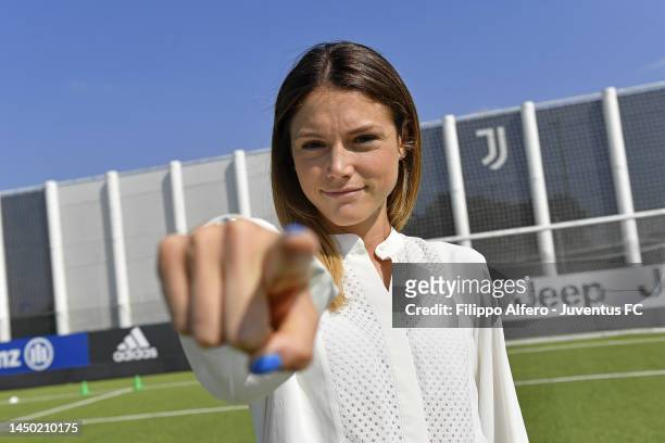 Cecilia Salvai poses at Juventus Center Vinovo on July 03, 2023 in Vinovo, Italy.