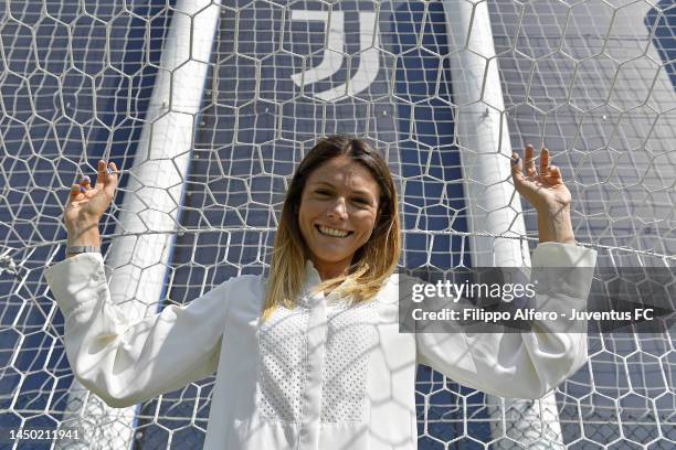 Cecilia Salvai poses at Juventus Center Vinovo on July 03, 2023 in Vinovo, Italy.