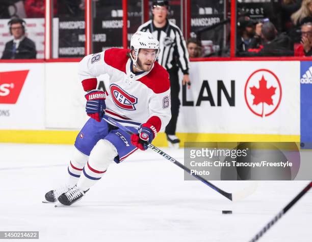 Mike Hoffman of the Montreal Canadiens skates against the Ottawa Senators at Canadian Tire Centre on December 14, 2022 in Ottawa, Ontario,Canada.