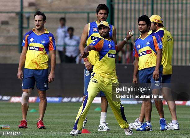 Chennai Super Kings players during team practice session at M Chinnaswamy stadium on May 22, 2012 in Bangalore, India. Chennai Super Kings will play...