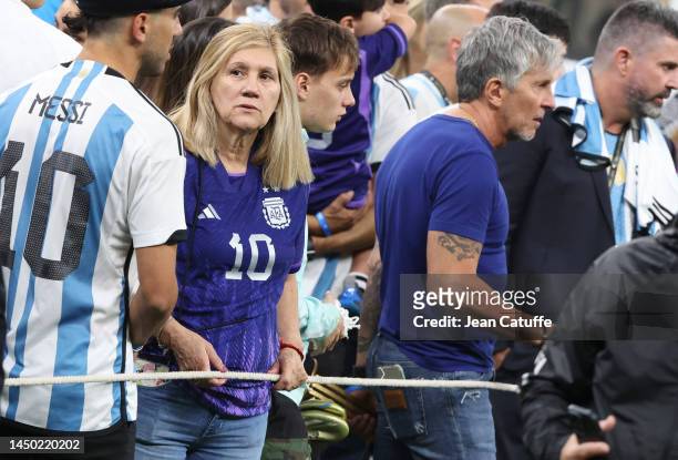 Lionel Messi of Argentina parents, his mother Celia Maria Cuccittini and his father Jorge Messi following the FIFA World Cup Qatar 2022 Final match...