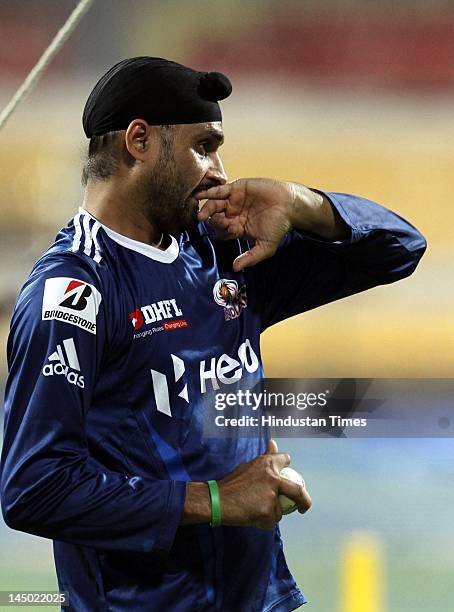 Mumbai Indians captain Harbhajan Singh during the team practice session at M Chinnaswamy stadium on May 22, 2012 in Bangalore, India. Chennai Super...