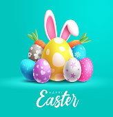Happy easter day vector design. Holiday easter with pattern colorful eggs and bunny ears elements for greeting.