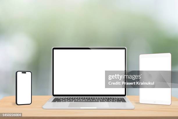 laptop, tabletand smartphone with blank screen on wood - desk tablet phone monitor stock pictures, royalty-free photos & images