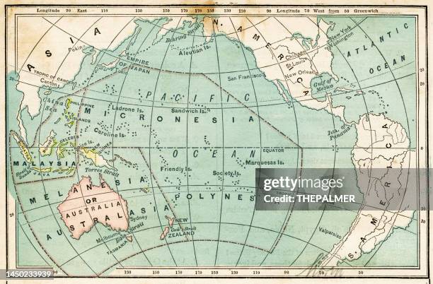 stockillustraties, clipart, cartoons en iconen met polinesia and micronesia map 1876 - pacifische cultuur